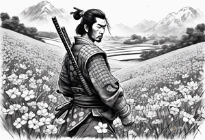 Samurai in flower field tattoo idea