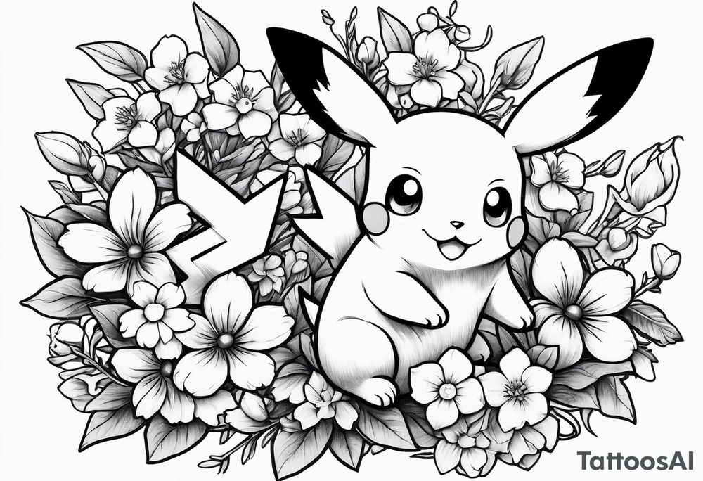 A loose bouquet of forget me knots and cute pikachu at the bottom holding the bouquet tattoo idea