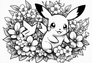 A loose bouquet of forget me knots and cute pikachu at the bottom holding the bouquet tattoo idea