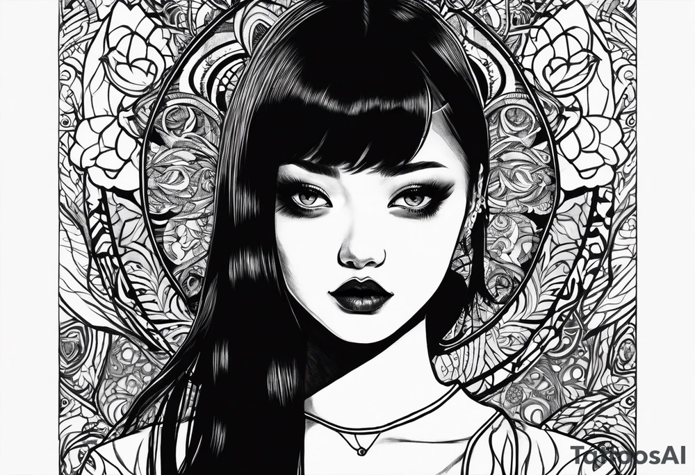 Junji ito style drawing of the girl from porter robinsons shelter video tattoo idea