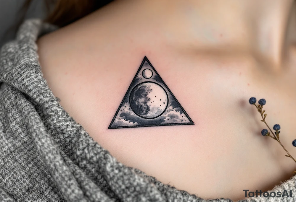 A triangle with a lunar cycle inside, shaded in black and silver, symbolizing phases and intuition. tattoo idea