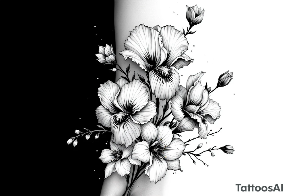 Irises flowers and cherry blossom on a fan forearm tattoo idea