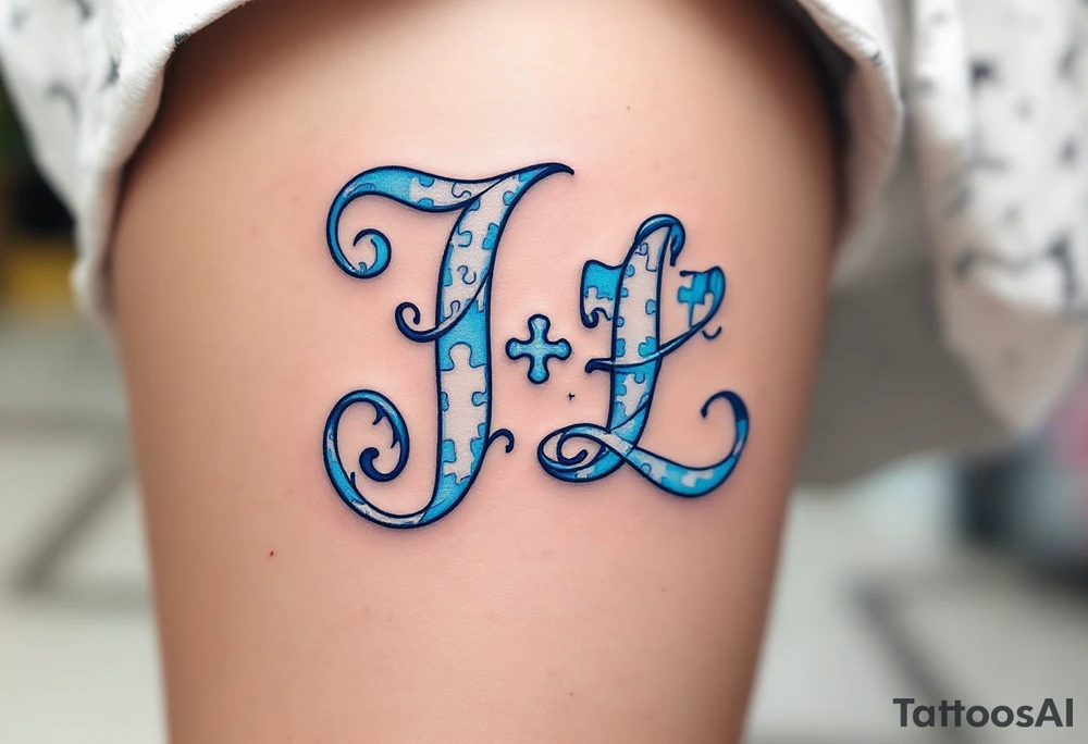 Puzzle Piece Monogram – Monogram “J + L” where each letter forms a piece of a jigsaw puzzle, in soft blue and light gray. tattoo idea