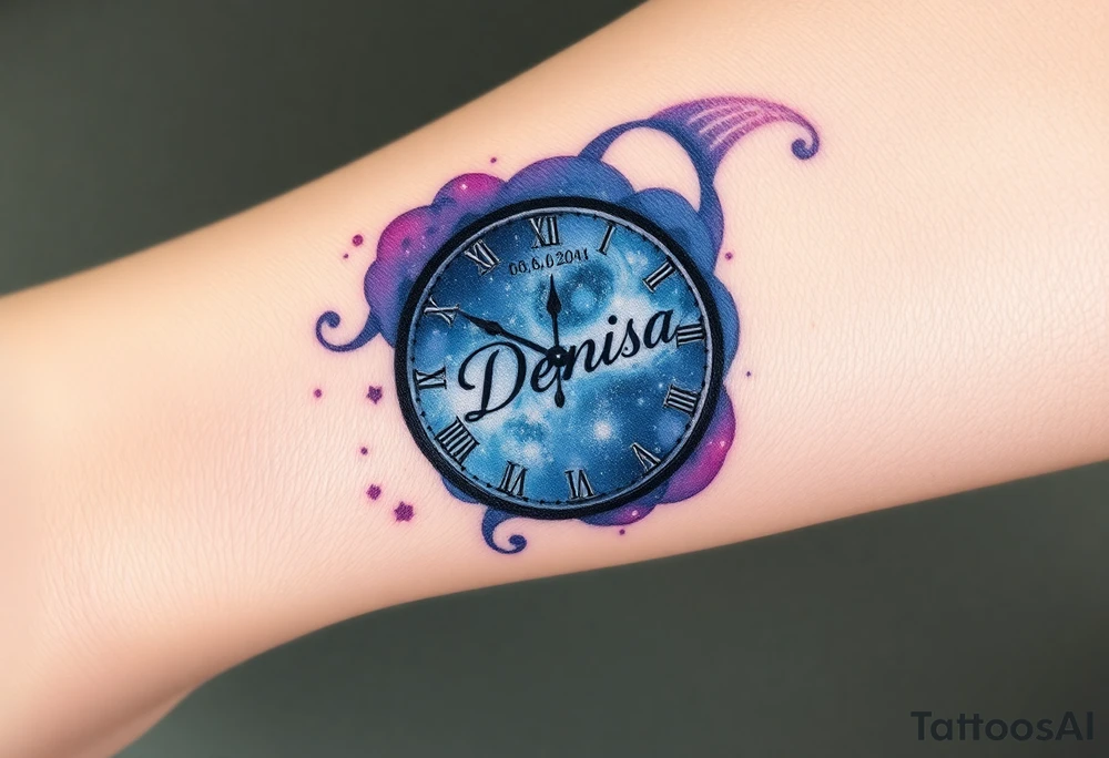 A clock made from swirling galaxies with name "Denisa" and date "08. 06. 2024", symbolizing a love that was destined in the stars, in deep blues, purples, and silver tattoo idea