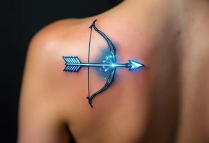 A Sagittarius bow and arrow with the constellation embedded in glowing white ink across the shaft, surrounded by midnight blue. tattoo idea