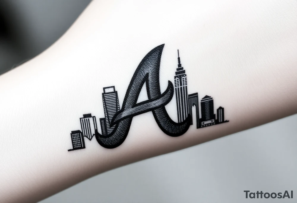 Atlanta city skyline with the Atlanta Braves “A” letter logo negative shaded tattoo idea