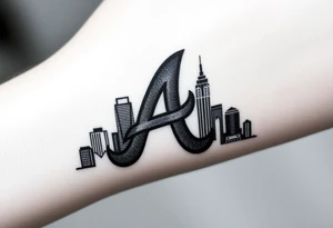 Atlanta city skyline with the Atlanta Braves “A” letter logo negative shaded tattoo idea