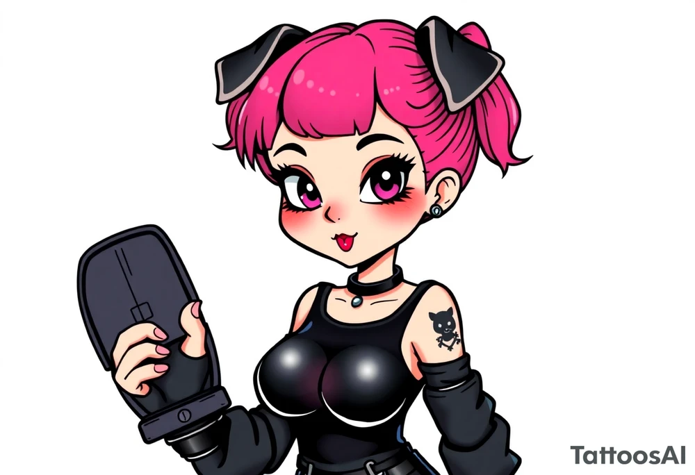 hot goth girl with puppy ears and with piercings on face and big boobs and big butt full body 
 with black outfit on with pink hair tattoo idea