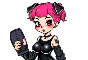 hot goth girl with puppy ears and with piercings on face and big boobs and big butt full body 
 with black outfit on with pink hair tattoo idea