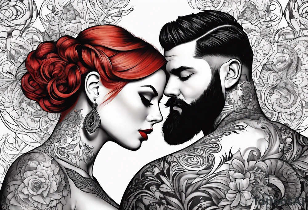 Busty red haired woman with a bearded man who has black hair tattoo idea