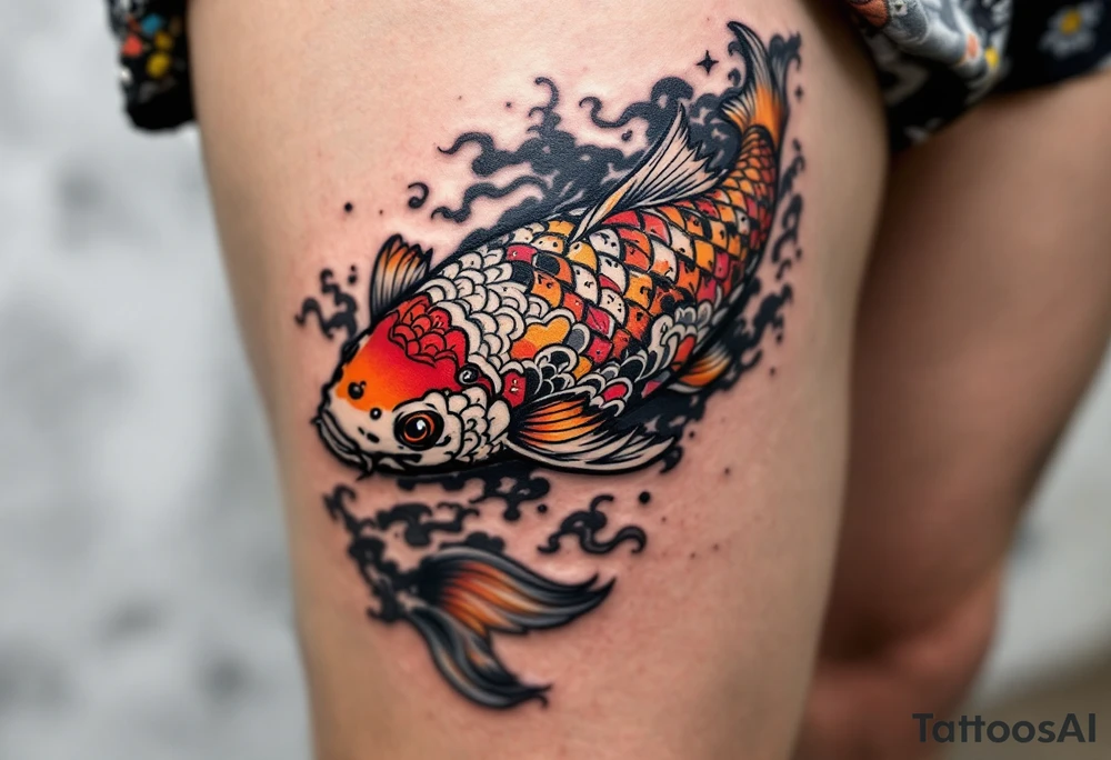 Tattooed Koi with Japanese Motifs – A koi fish covered in traditional Japanese tattoos across its own body, combining modern and ancient symbolism. tattoo idea