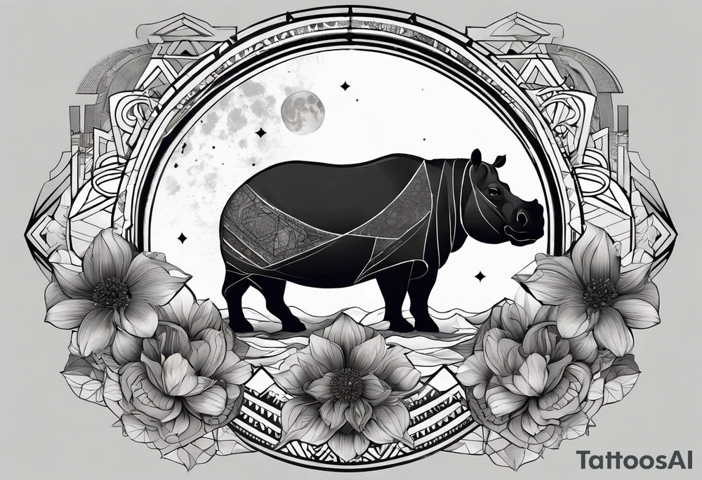 Very asymmetrical, +geometric pattern, with realistic full moon, with hippo at side look, +tribal, +geometric, +inkart , +blackwork, +grey scale, + sketch
with wintersweet flower bud, +inkart touch, +for men tattoo idea