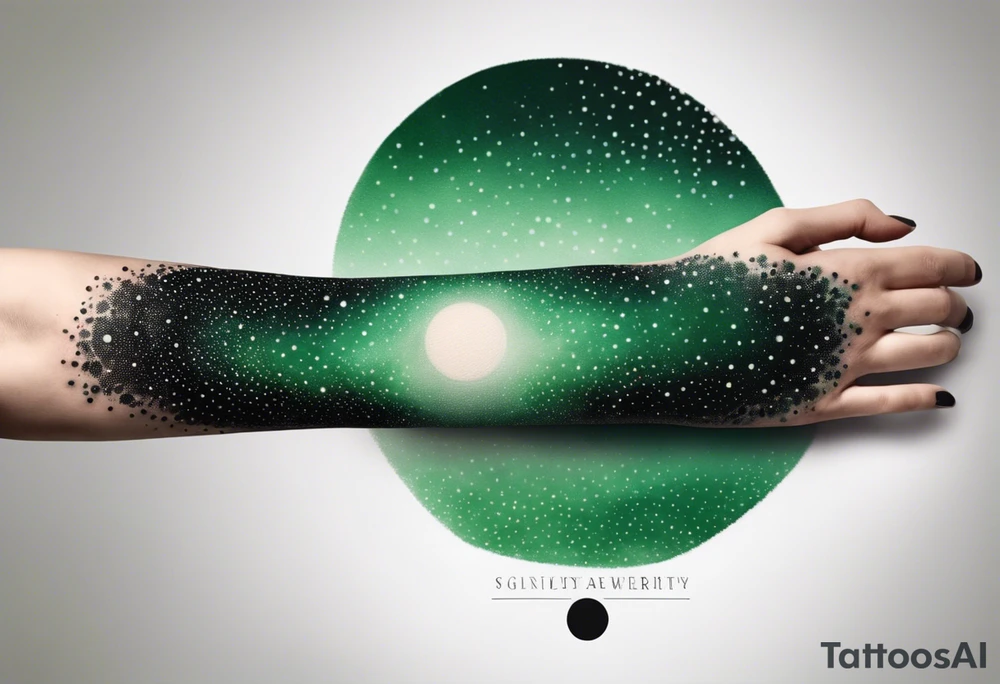 space, abstract, green and black, covered from wrist to forearm, fully covered, no borders, blackwork, no people tattoo idea