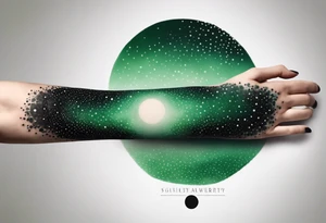 space, abstract, green and black, covered from wrist to forearm, fully covered, no borders, blackwork, no people tattoo idea