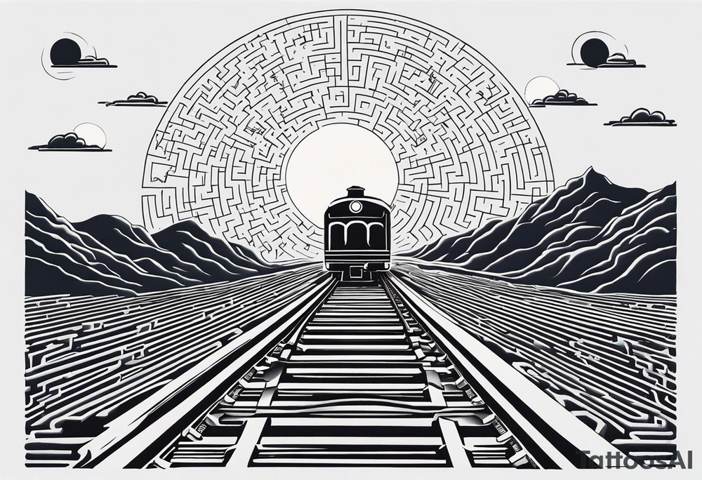 Maze with a train track in the middle. Sky cracking with moon of time tattoo idea