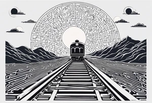 Maze with a train track in the middle. Sky cracking with moon of time tattoo idea