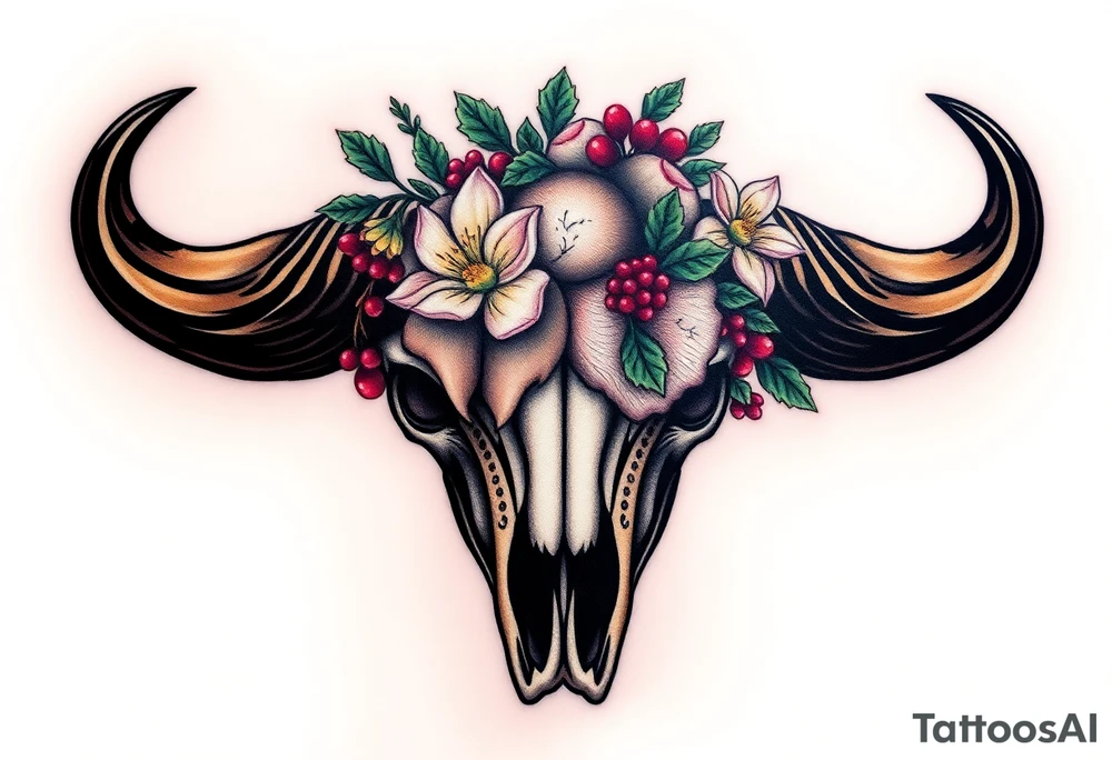 Buffalo or bison skull with flowers. Peony, snowdrop, holly with berries, larkspur, peony. Colour. For upper arm or shoulder. Masculin. tattoo idea