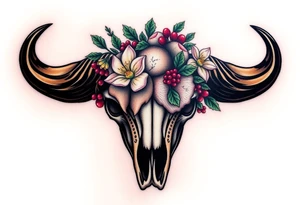 Buffalo or bison skull with flowers. Peony, snowdrop, holly with berries, larkspur, peony. Colour. For upper arm or shoulder. Masculin. tattoo idea