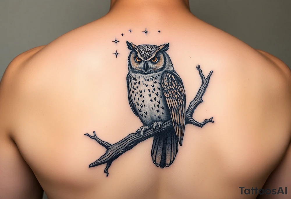 wise owl perched on ancient oak branch under starlit sky tattoo idea