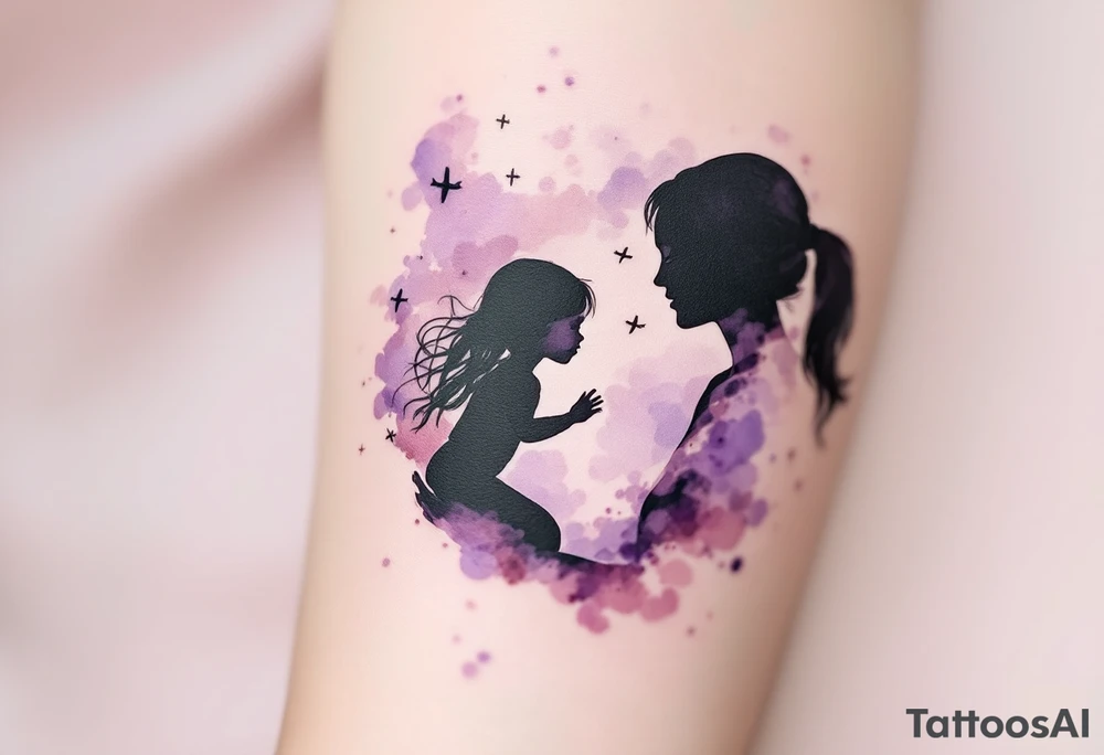 Silhouette of a mother and toddler daughter playing airplane, done in soft black with a faint watercolor wash in pale purple behind them. tattoo idea