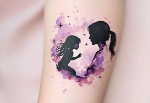Silhouette of a mother and toddler daughter playing airplane, done in soft black with a faint watercolor wash in pale purple behind them. tattoo idea