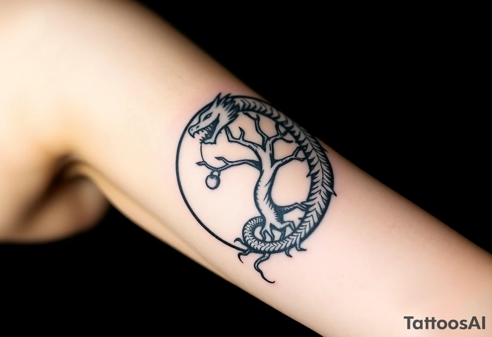 a dragon forming a circle with its body.  the dragon encircles the tree of life.   the tree of life has fruit  and the dragon is eating the fruit. the roots of the tree are strangling the tail of the dragon tattoo idea