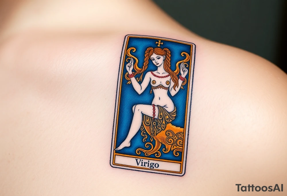 A tarot card featuring the Virgo symbol, with intricate gold detailing and a rich deep blue background tattoo idea