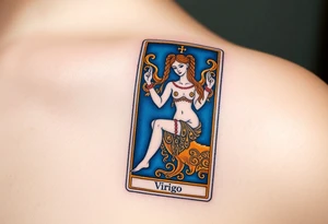 A tarot card featuring the Virgo symbol, with intricate gold detailing and a rich deep blue background tattoo idea