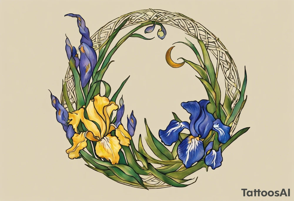 Create a small colorful Vincent van Gogh Irises tattoo in the form of a crescent, with vines or Celtic knots gracefully intertwining at a central point in the middle of the wreath.  In the middle of the wreath are mountains and other items found in New Mexico. Ensure that the design avoids the appearance of a bush and maintains a more structured and deliberate arrangement. The intended placement is on the upper chest. The overall design should be small in size while maintaining a delicate and artistic aesthetic. Pay attention to the graceful flow of the vines and the placement of the irises to achieve a refined and elegant look. tattoo idea