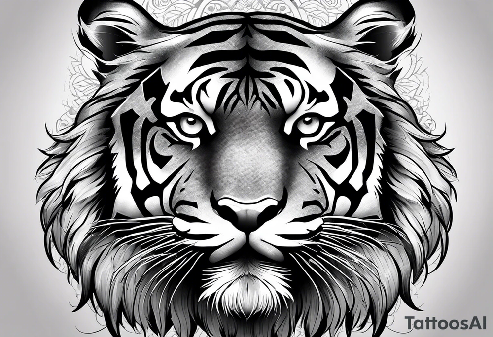 This design focuses on a detailed, realistic drawing of a tiger's face. The tiger's eyes are large and compelling, depicted with a wild and proud expression. The background could be enriched with details of the tiger's natural habitat, such as forests and bamboo trees. tattoo idea