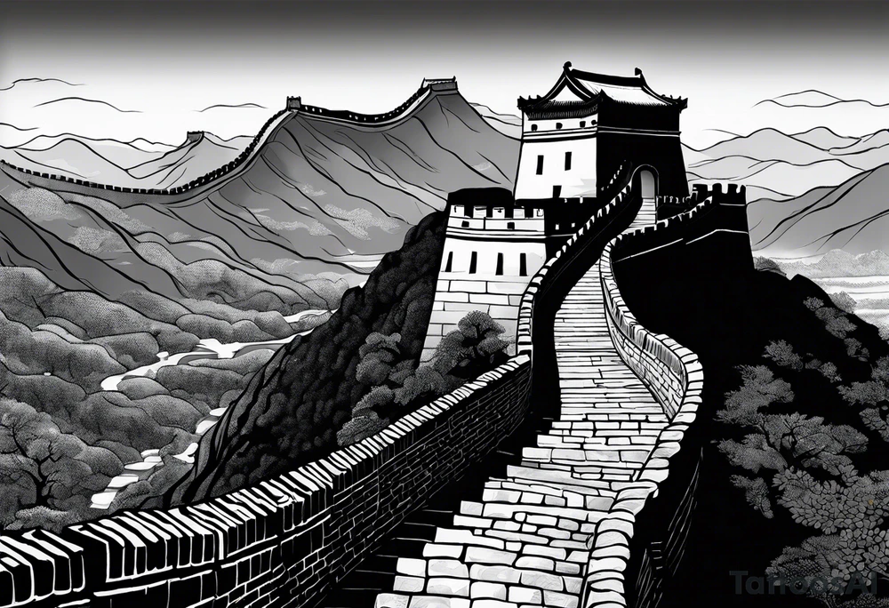 Great Chinese wall, realistic, art, gezeichnet, fine line, black and grey, man, details, chinese tattoo idea