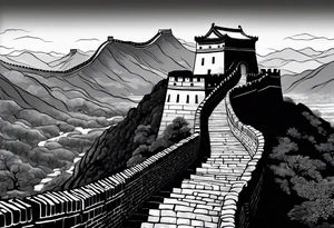 Great Chinese wall, realistic, art, gezeichnet, fine line, black and grey, man, details, chinese tattoo idea