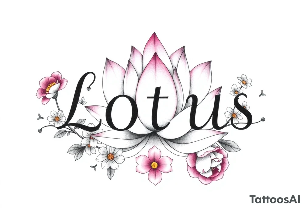 Lotus flower surrounded by forget me nots and peonies tattoo idea