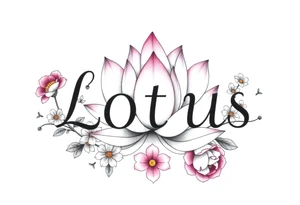 Lotus flower surrounded by forget me nots and peonies tattoo idea