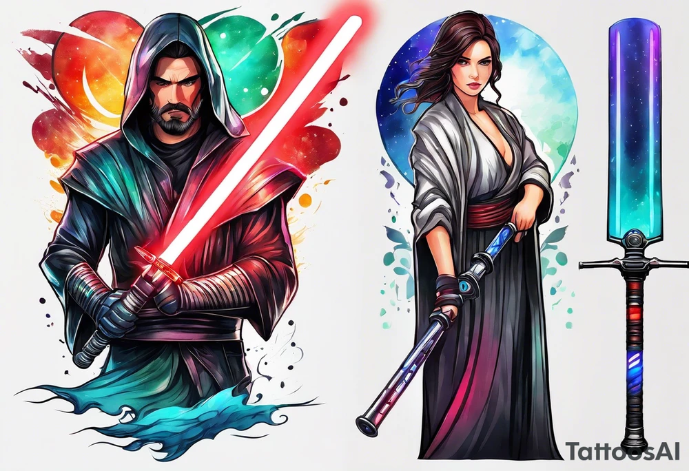 3 lightsabers with each one being the birth month color for May, July, January tattoo idea