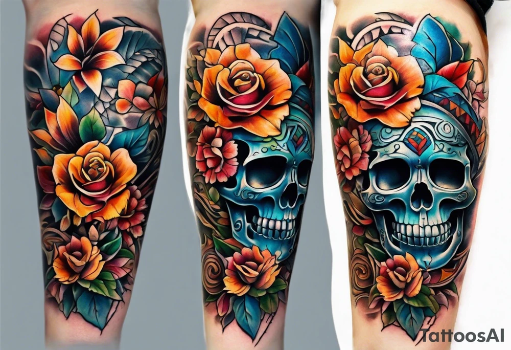 Front knee tattoo with fall colors, small flowers, rose, mayan style skull, leaves, blue water flows with washes and background tattoo idea