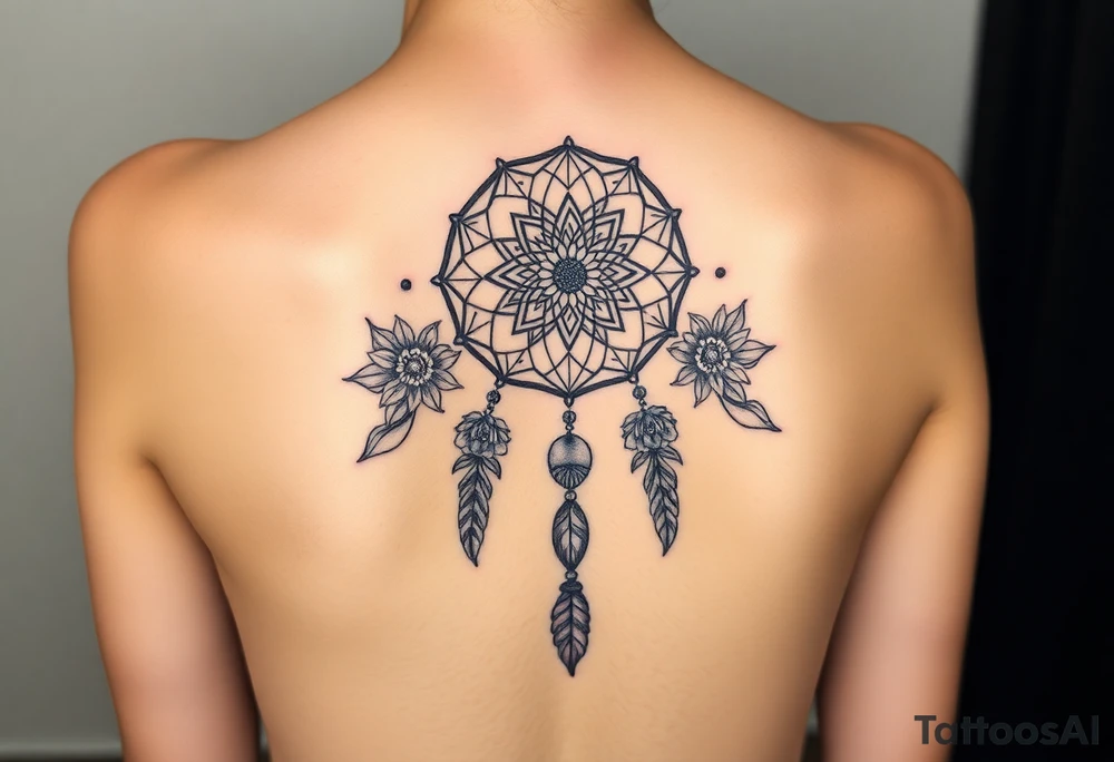 Dreamcatcher with zodiac symbols and protection runes caught in it with tigerlillies roses and sunflowers tattoo idea