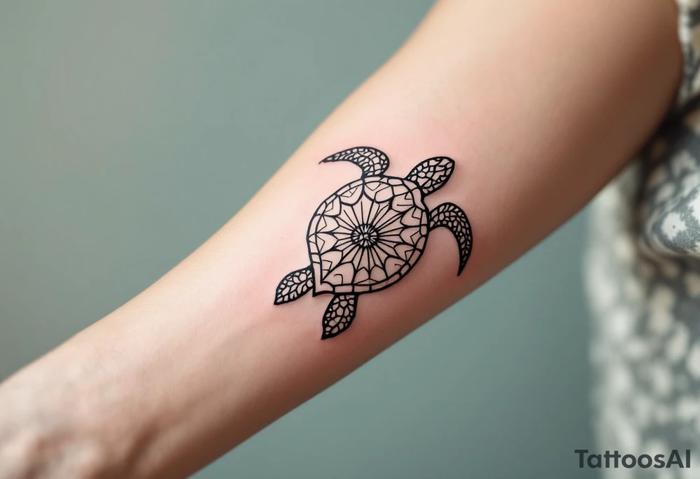 Minimalist fine-line sea turtle – A delicately outlined sea turtle in clean black ink, featuring simple, flowing lines with soft curve details on the shell and flippers. The shell is subtly patterned with geometric or mandala-style elements, creating a calm, elegant, and peaceful ocean-inspired design. tattoo idea