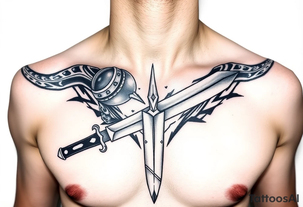 Feminine Tattoo dark female warrior with dagger and realistic horns just barley touching collarbone with a lot of shading tattoo idea