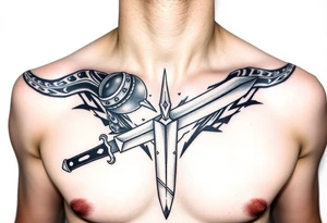 Feminine Tattoo dark female warrior with dagger and realistic horns just barley touching collarbone with a lot of shading tattoo idea