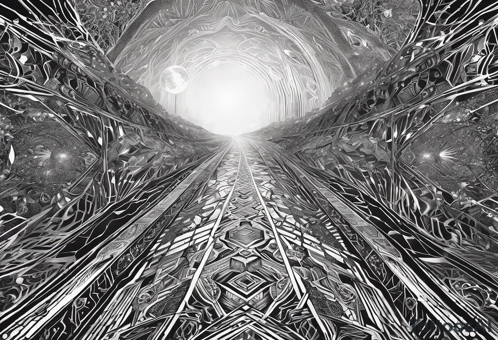 luminous trail that transcends time and space, etched onto your skin. The trail blurs into existence, its edges pulsating with energy. Imagine it as a ribbon of iridescent light, weaving through a cybernetic lattice—a fusion of biomechanics and cosmic velocity. tattoo idea