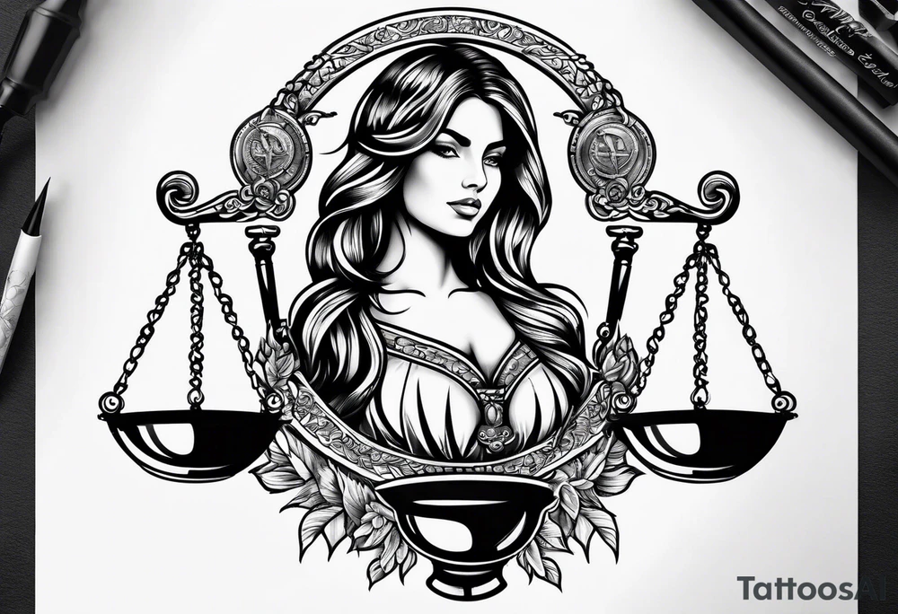 Intricate libra scales held by a beautiful woman tattoo idea