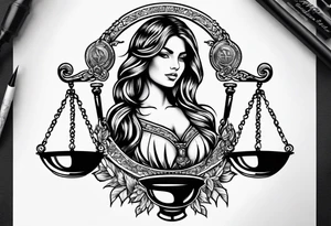 Intricate libra scales held by a beautiful woman tattoo idea