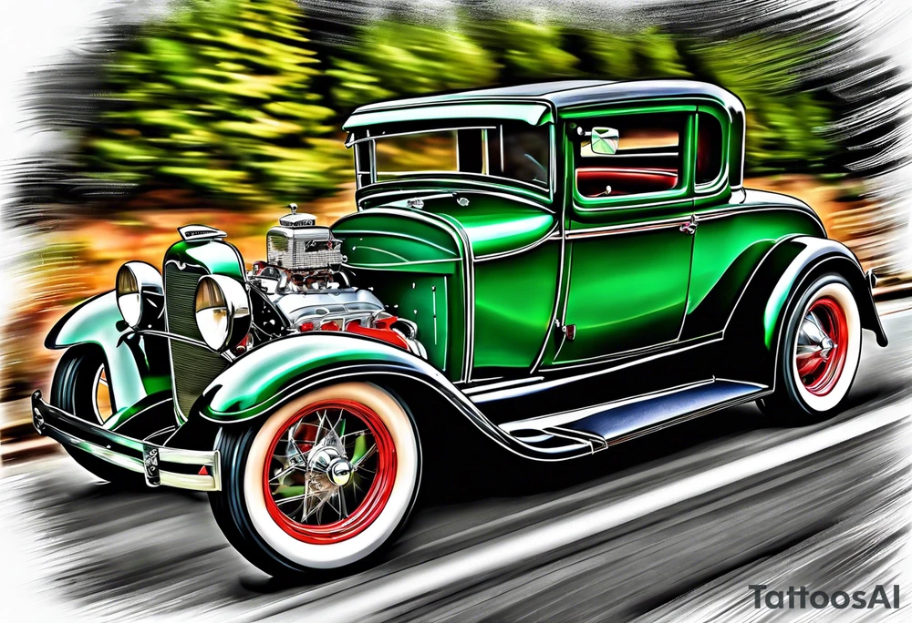 1929 ford coupe green, racing down the road tattoo idea