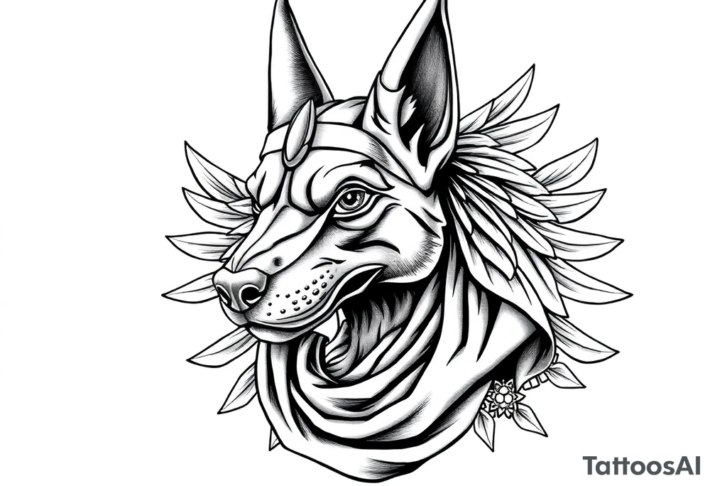 Egyptian Anubis god face muscle in Egypt style  with scarf
dog face surrounded Egyptian symbols based on elements tattoo idea