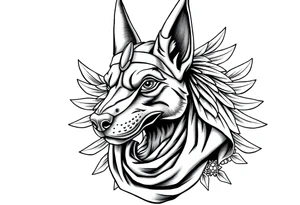 Egyptian Anubis god face muscle in Egypt style  with scarf
dog face surrounded Egyptian symbols based on elements tattoo idea