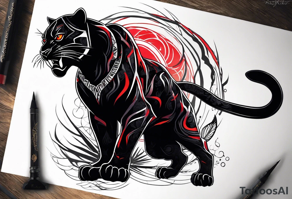 unique black panther tattoo, portrayed in a dynamic pose, showcasing its strength and grace, striking red eyes, intense and captivating elements, artistic flair, blending realism with abstract elements tattoo idea