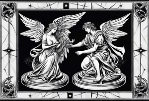 Depict an angel and devil engaged in a chess game, with the chessboard reflecting the cosmic battleground between good and evil, symbolizing the strategic nature of the eternal conflict. tattoo idea