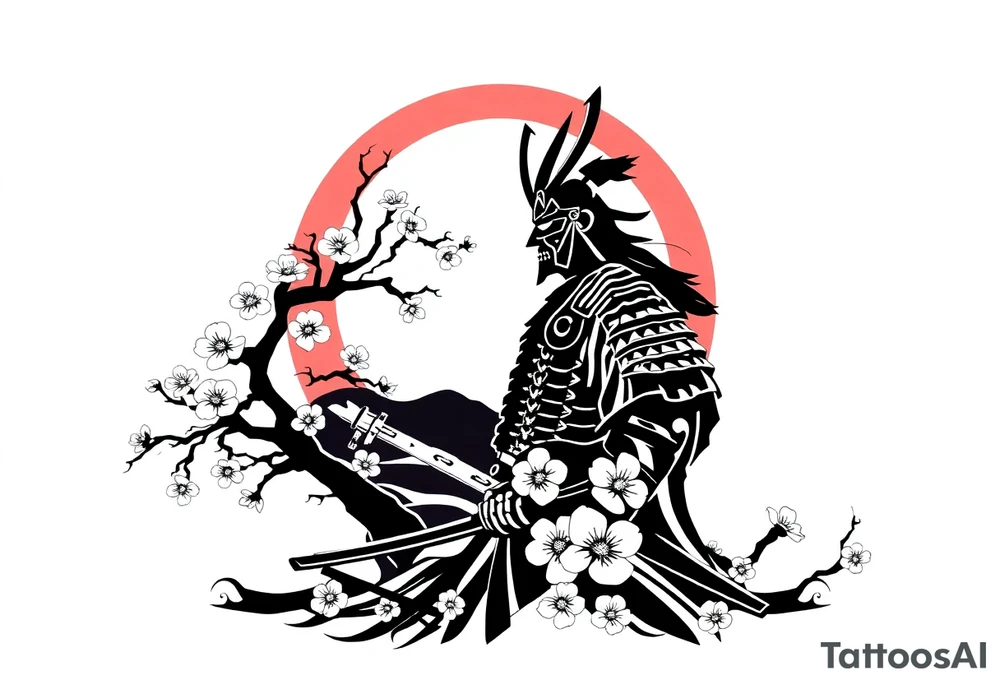 noble samurai warrior silhouette at sunset with cherry blossoms tattoo idea