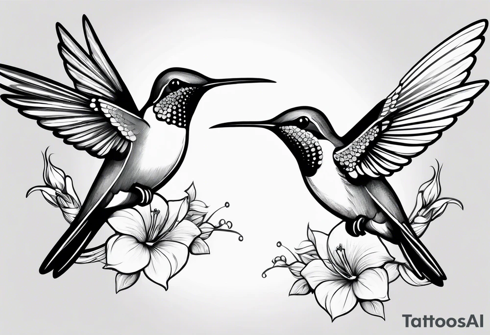 three hummingbirds. One bird is facing left, another is facing right, and the third is flying upward. only hummingbirds. tattoo idea